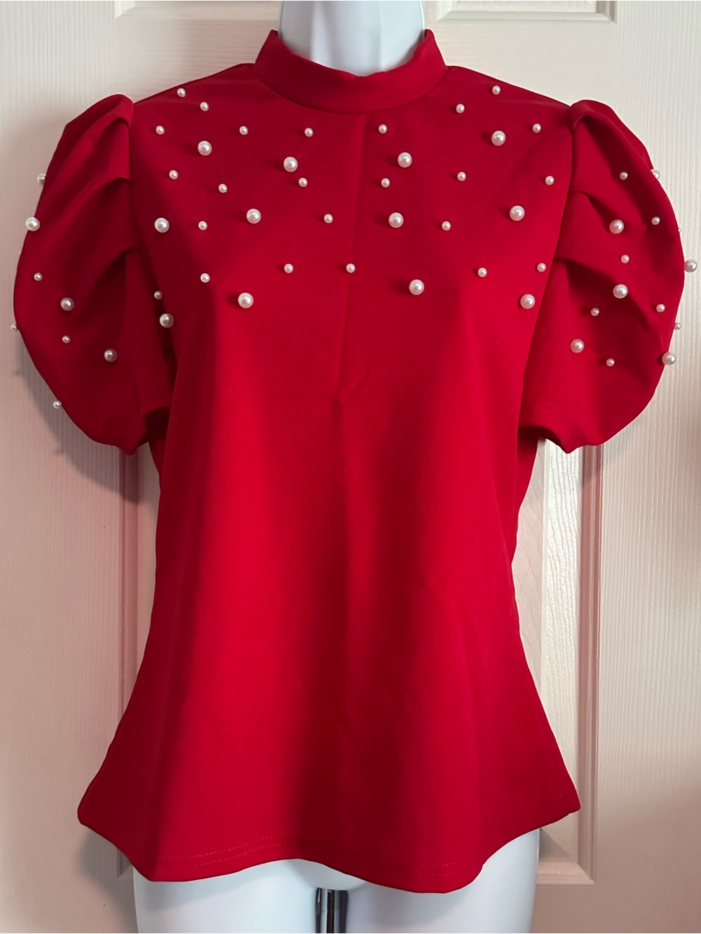 Sz L Red Pearl-Embellished Puff Sleeve Blouse